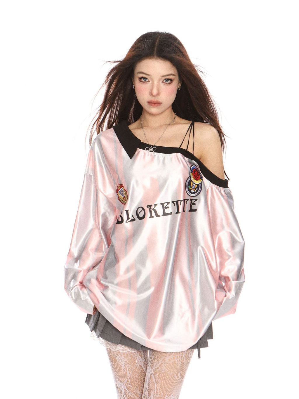 Striped sports style jersey t-shirt with slanted shoulders top