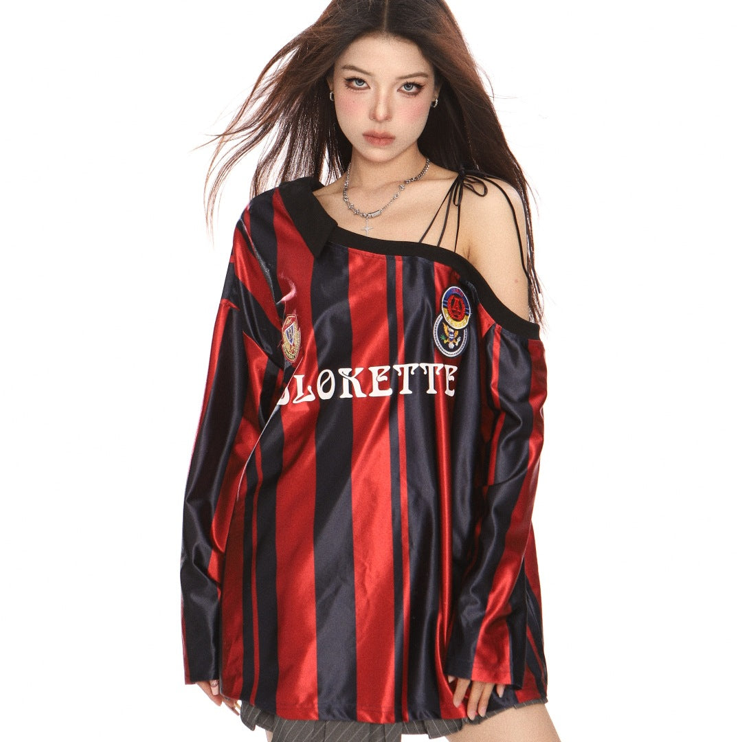 Striped sports style jersey t-shirt with slanted shoulders top