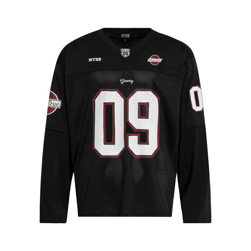 Retro Letter Print Mesh Long Sleeve T-Shirt Loose V-Neck Quick-Dry Jersey Street Style Unisex
