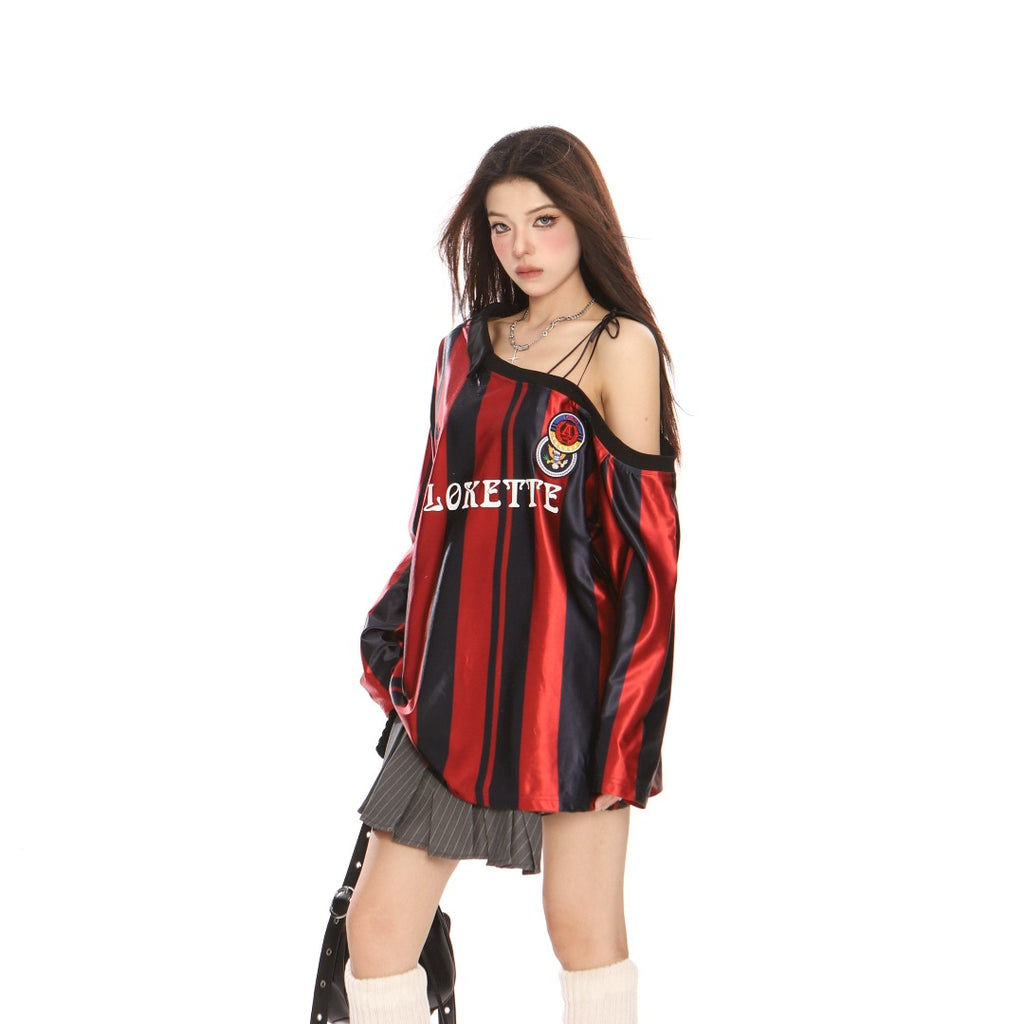 Striped sports style jersey t-shirt with slanted shoulders top