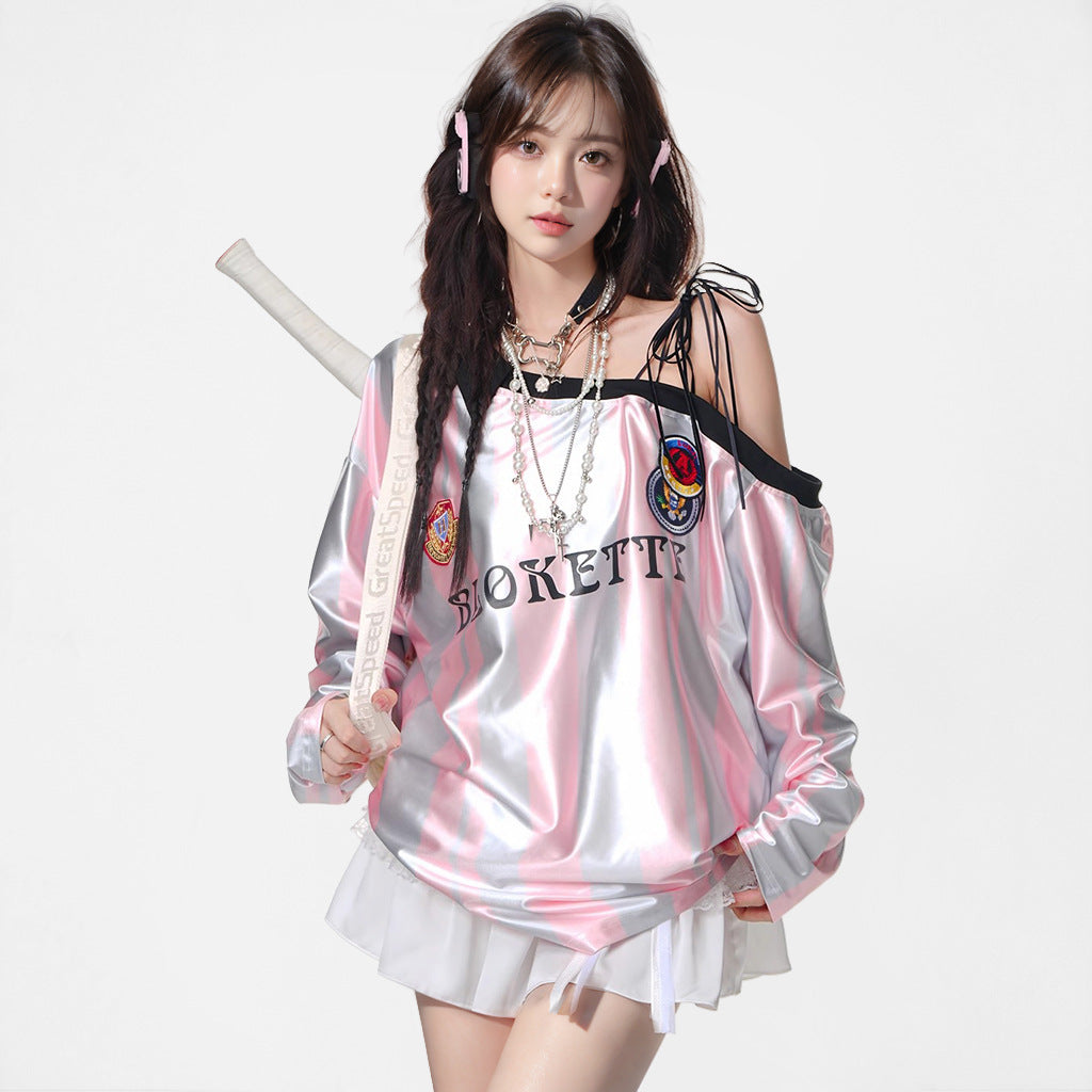 Striped sports style jersey t-shirt with slanted shoulders top