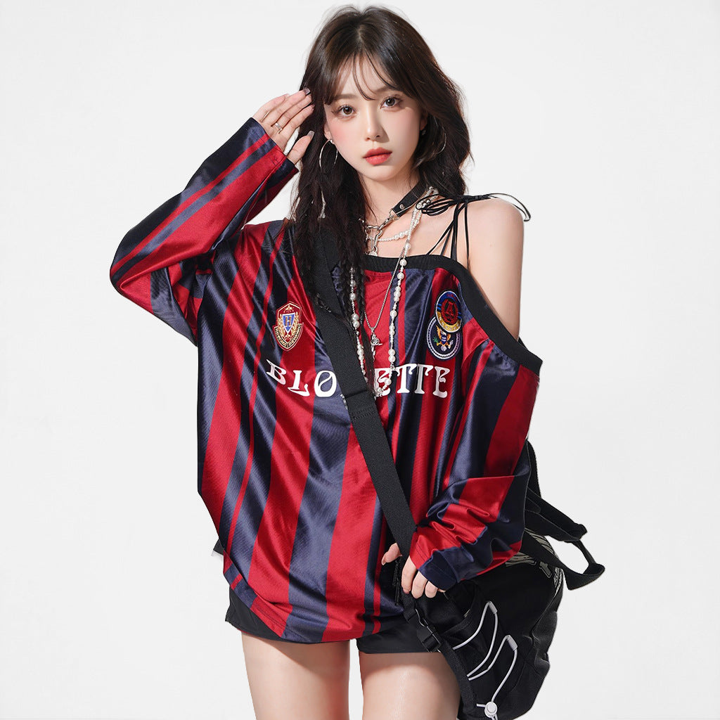 Striped sports style jersey t-shirt with slanted shoulders top